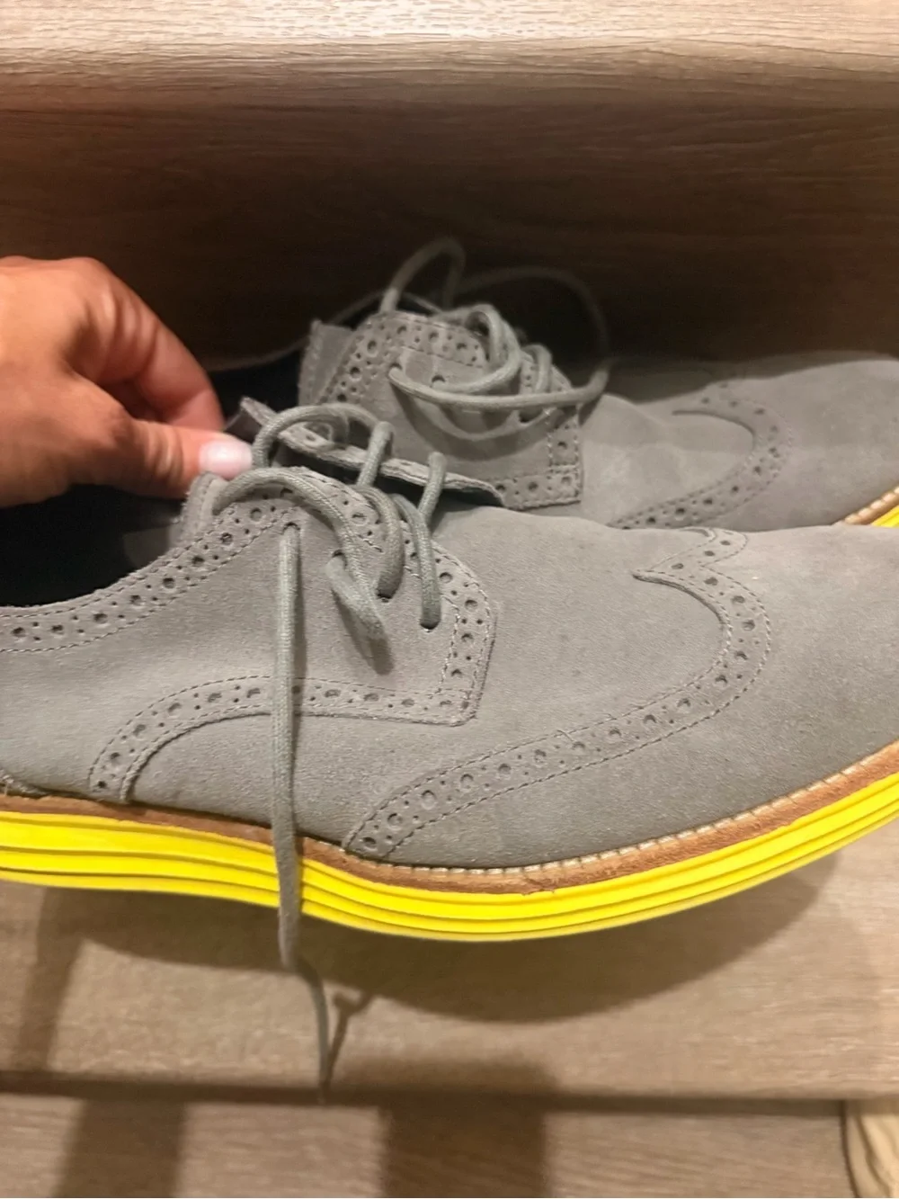 Cole Haan Grey Suede Wingtip Oxfords with Yellow Sole